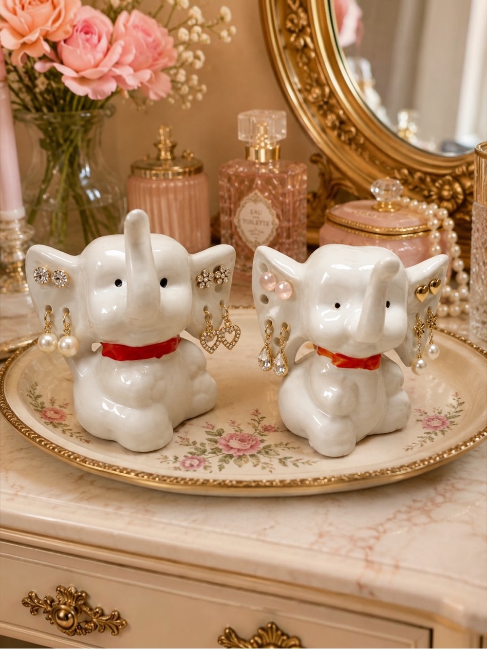 Vintage White Porcelain Elephant Earring Holders Display Taiwan Set of 2 Jewelry